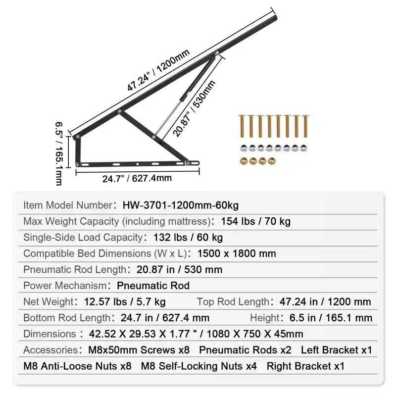 VEVOR Vérin de lit, taille de lit compatible 150 x 180 cm, charge de 70 kg, kit de quincaillerie mécanique pour lit mural DIY, support de lit robuste à levier pneumatique, noir