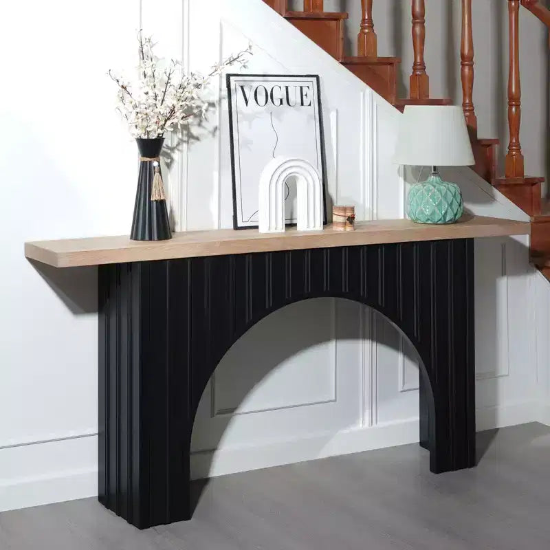 Table Console Minimaliste Okak 66IN avec Plateau en Bois, Table d'Entrée Moderne avec Base en Arc, Table d'Appoint pour Couloir, Salon, Noir+Naturel