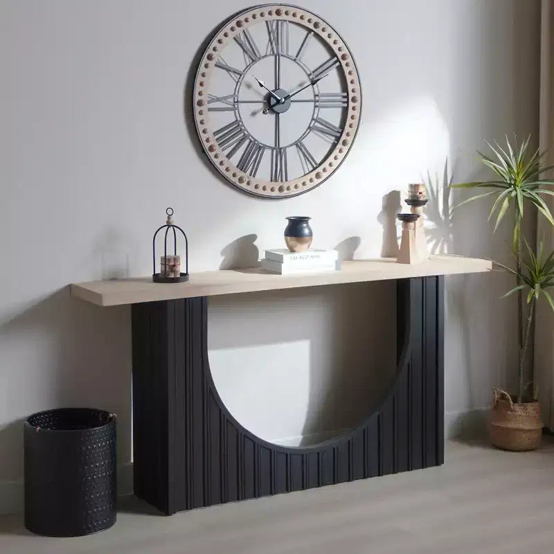 Table Console Minimaliste Okak 66IN avec Plateau en Bois, Table d'Entrée Moderne avec Base en Arc, Table d'Appoint pour Couloir, Salon, Noir+Naturel