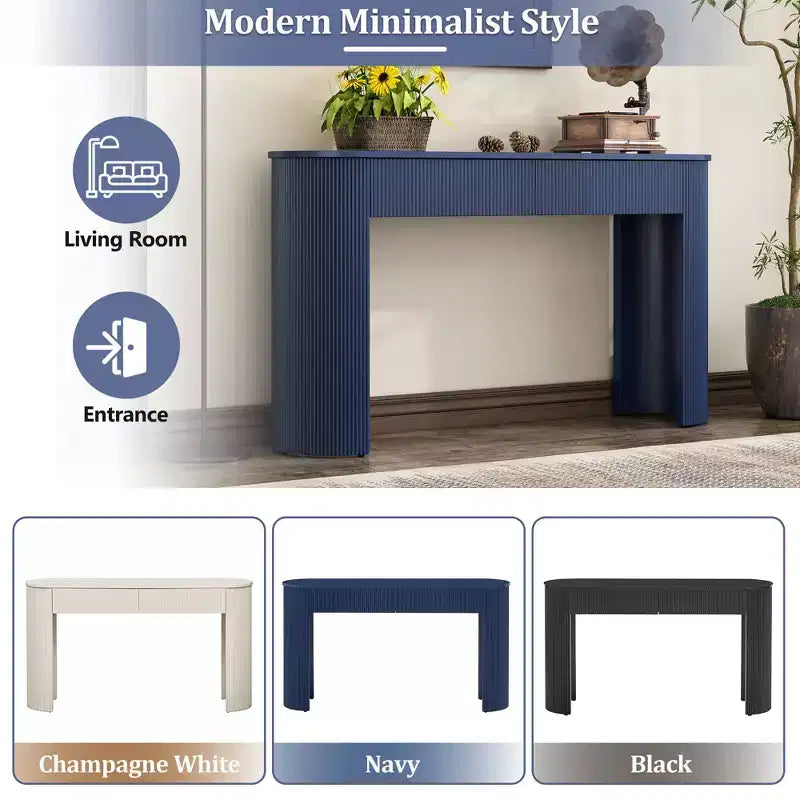 Table console moderne Okak 54 po avec design cannelé, table d'entrée avec 2 tiroirs de rangement et plateau ovale, table d'appoint pour couloir, salon, marine