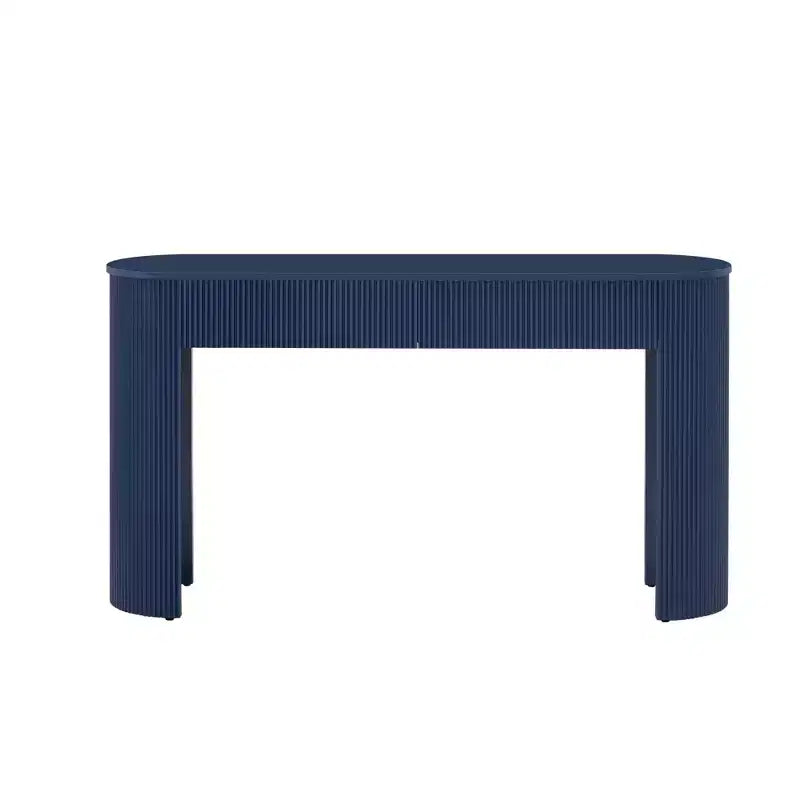 Table console moderne Okak 54 po avec design cannelé, table d'entrée avec 2 tiroirs de rangement et plateau ovale, table d'appoint pour couloir, salon, marine