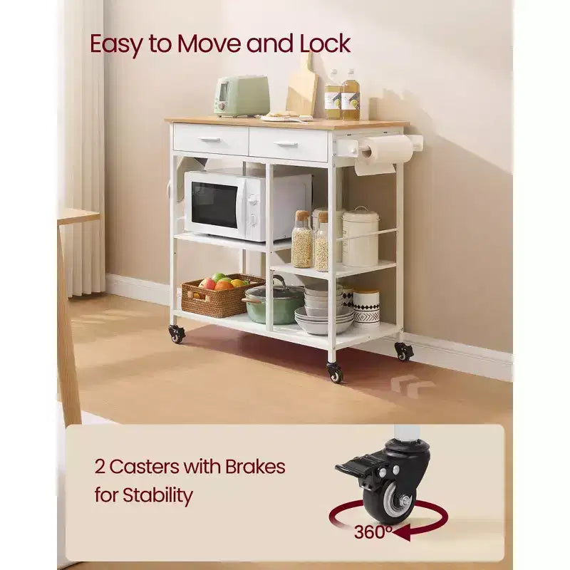 Desserte de cuisine mobile avec 2 tiroirs et porte-serviettes, chariot de rangement roulant de 98,5 cm avec roues verrouillables, chêne beige et blanc