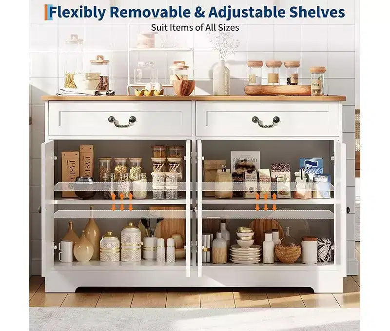 CuisinSmart Buffet de salle à manger moderne de style fermier de 145 cm avec 2 tiroirs et étagères réglables, organisateur de bar à café pour salon