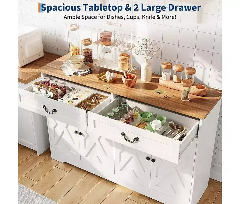 CuisinSmart Buffet de salle à manger moderne de style fermier de 145 cm avec 2 tiroirs et étagères réglables, organisateur de bar à café pour salon