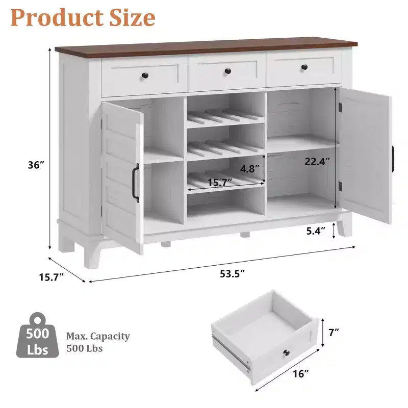 Buffet de ferme de 135,9 cm avec rangement, armoire de rangement avec 3 tiroirs, casier à vin réversible, buffet de ferme avec étagère réglable