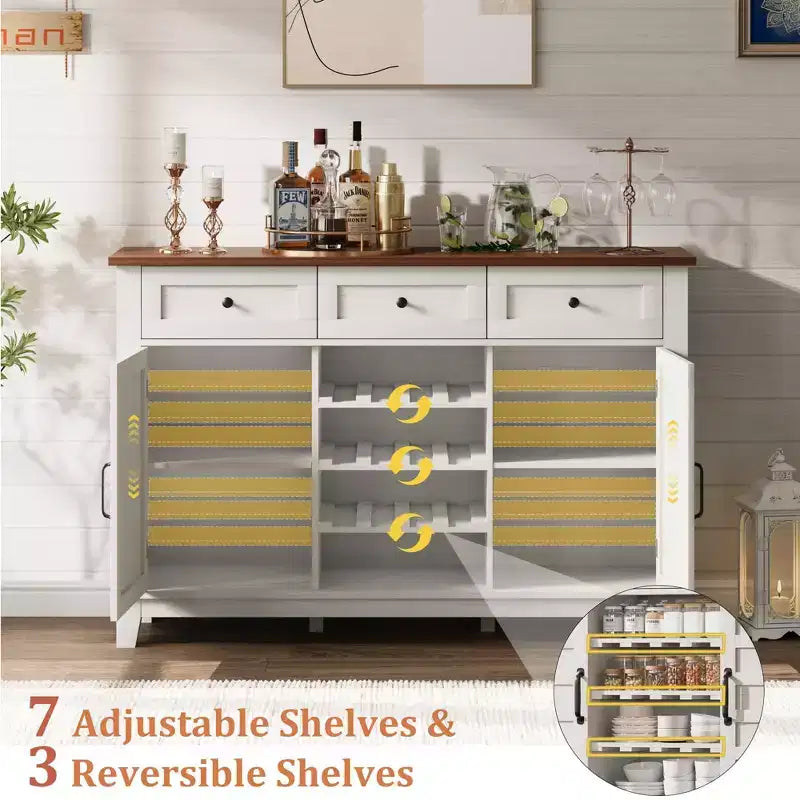 Buffet de ferme de 135,9 cm avec rangement, armoire de rangement avec 3 tiroirs, casier à vin réversible, buffet de ferme avec étagère réglable