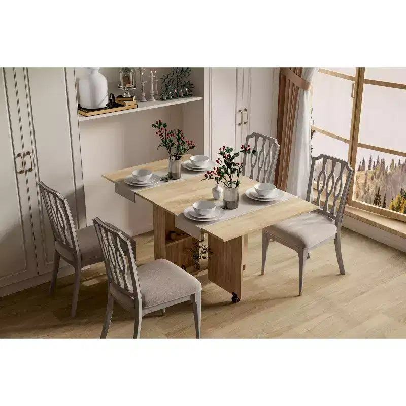 Table de cuisine extensible moderne Okak 55 po, table à manger peu encombrante avec 2 roulettes et 2 étagères de rangement, table pliante pour salon, en bois