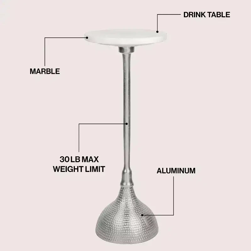 JONATHAN Y Ava 23.75 Table d'appoint contemporaine Art déco en métal avec plateau rond en marbre blanc et base martelée