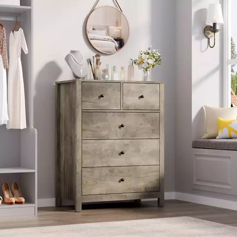 Commode à 5 tiroirs cannelés, commode moderne en grain de bois, avec tiroirs profonds