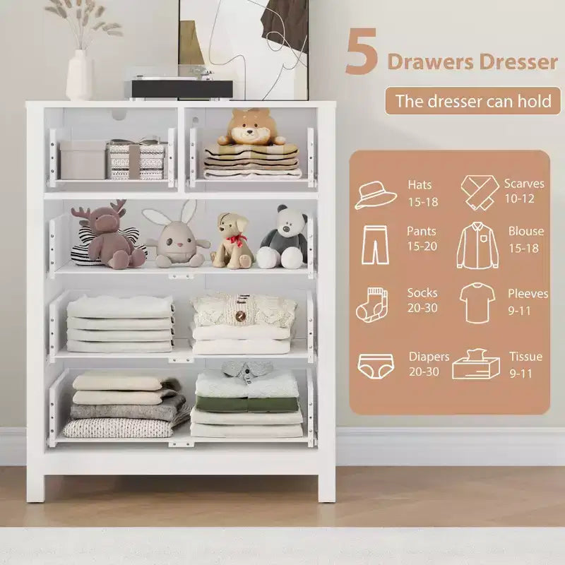 Commode à 5 tiroirs cannelés, commode moderne en grain de bois, avec tiroirs profonds