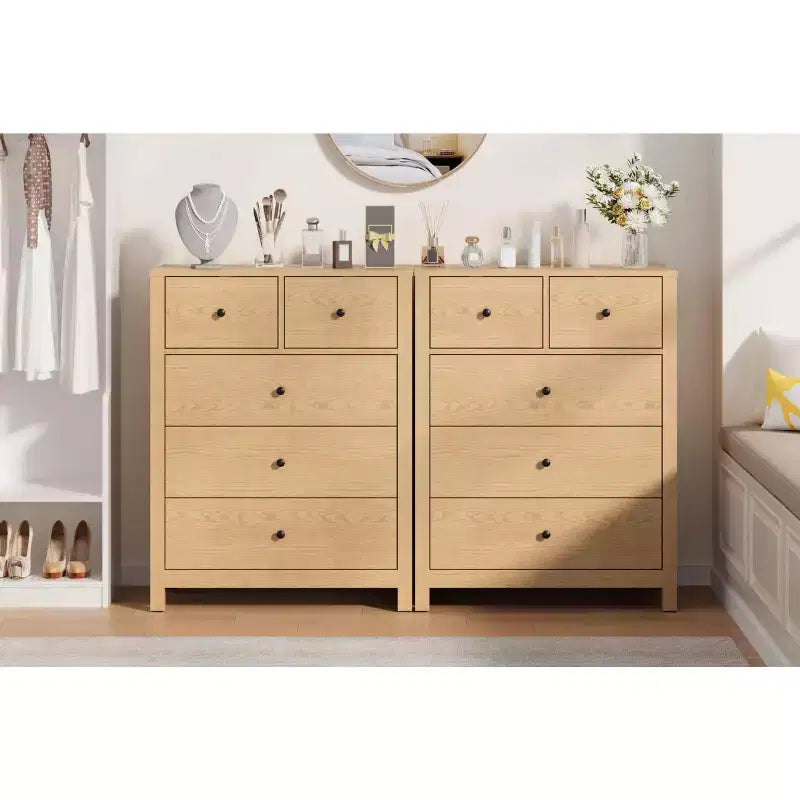 Commode à 5 tiroirs cannelés, commode moderne en grain de bois, avec tiroirs profonds