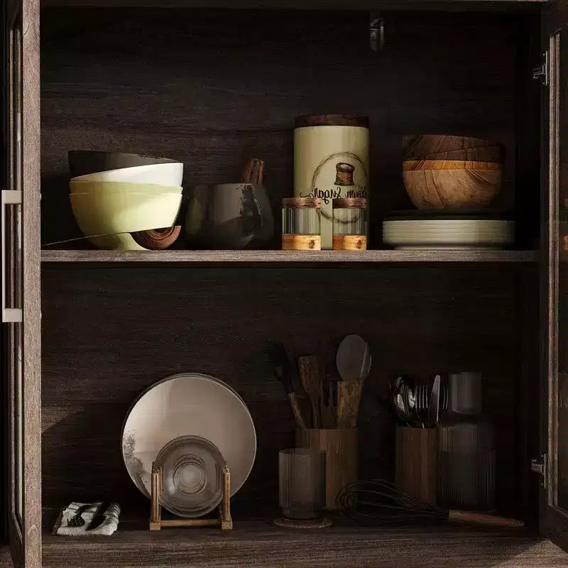 Placard de cuisine Famapy avec porte vitrée, buffet de cuisine, armoire de rangement multi-étagères pour l'organisation, pour salle à manger, marron/blanc