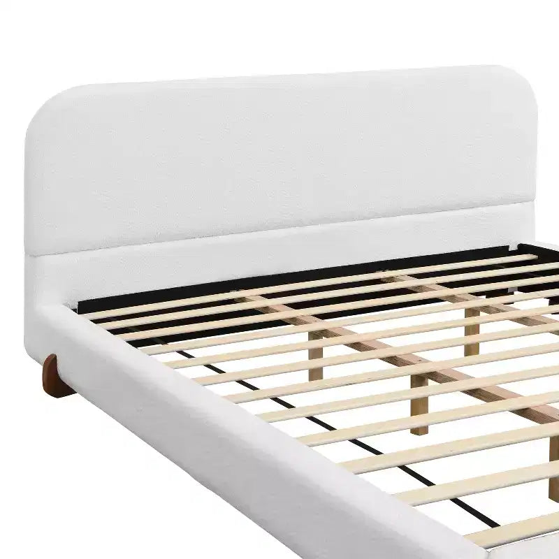 Cadre de lit rembourré California King, lit plateforme élégant en tissu chenille avec pieds en bois d'hévéa massif - ModernLuxe