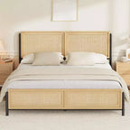 Boho Style Full/Queen/King Size Bed Frame with Rattan Headboard and Footboard, 14 Metal Platform, Wood Grain, Quiet, No Box Spring Required