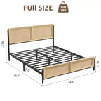 Cadre de lit Boho pour grand lit/très grand lit avec tête et pied de lit en rotin, 14 lattes métalliques, aspect bois, silencieux, pas besoin de sommier tapissier
