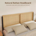 Cadre de lit Boho pour grand lit/très grand lit avec tête et pied de lit en rotin, 14 lattes métalliques, aspect bois, silencieux, pas besoin de sommier tapissier