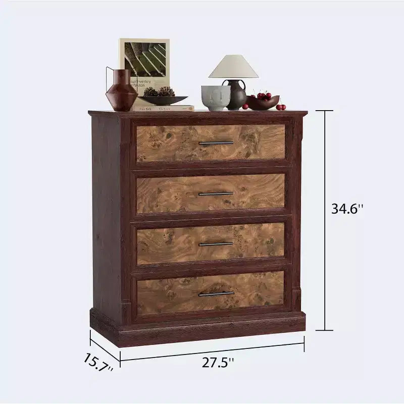 Commode haute à 4 tiroirs style rustique, commode en bois rustique avec poignées en métal, armoire de rangement pour chambre, salon, couloir