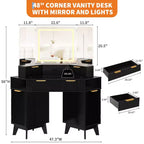 COZONY Coiffeuse d'angle 48 avec miroir triple HD éclairé, plateau en verre, station de charge