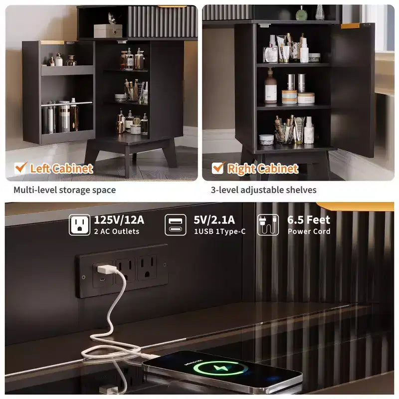 COZONY Coiffeuse d'angle 48 avec miroir triple HD éclairé, plateau en verre, station de charge