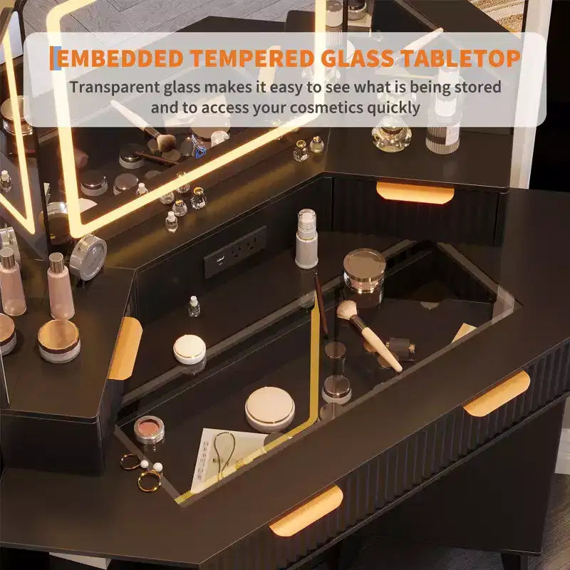 COZONY Coiffeuse d'angle 48 avec miroir triple HD éclairé, plateau en verre, station de charge
