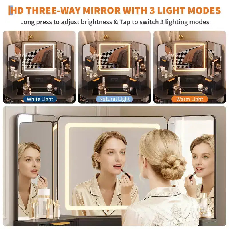 COZONY Coiffeuse d'angle 48 avec miroir triple HD éclairé, plateau en verre, station de charge