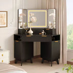 COZONY 48 Fluted Makeup Vanity Desk, Lighted Corner Vanity with HD Tri-Fold Mirror, Glass Top, Charging Station