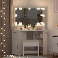 COZONY Corner Vanity Set with Lighted Mirror & Outlets, Drawers & Shelves, Makeup Table w/ Upholstered Stool