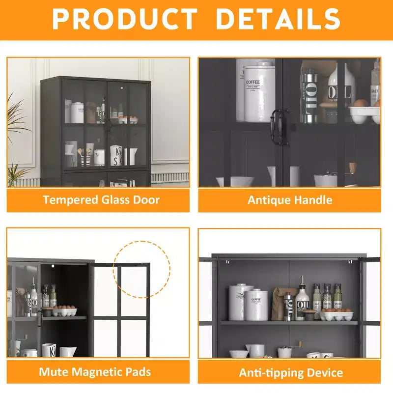 Armoire de rangement en métal Justus GDFStudio avec portes en verre trempé et étagères réglables