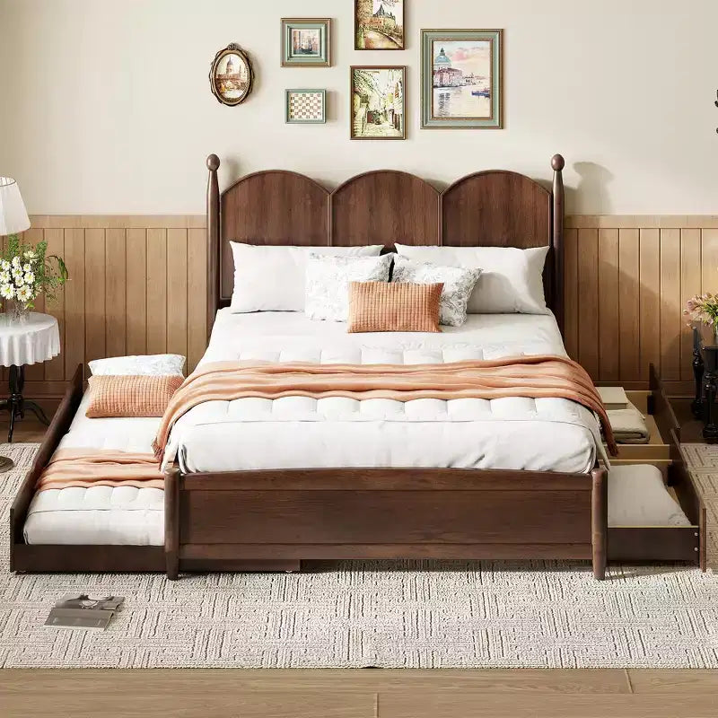 Lit queen size avec rangement et lit gigogne double XL, Lit plateforme queen size en bois avec 2 tiroirs de rangement