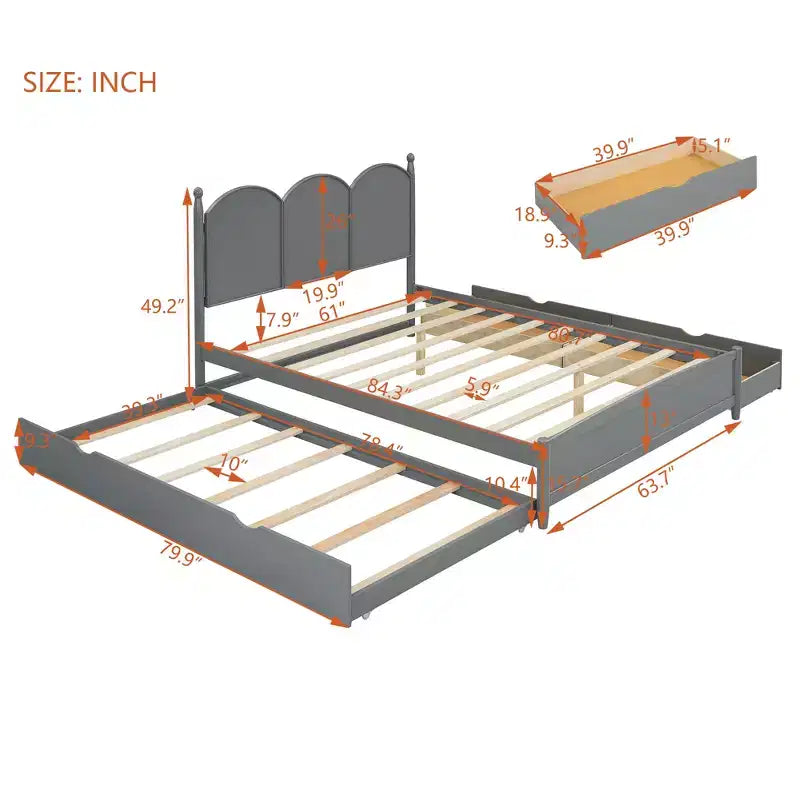 Lit queen size avec rangement et lit gigogne double XL, Lit plateforme queen size en bois avec 2 tiroirs de rangement