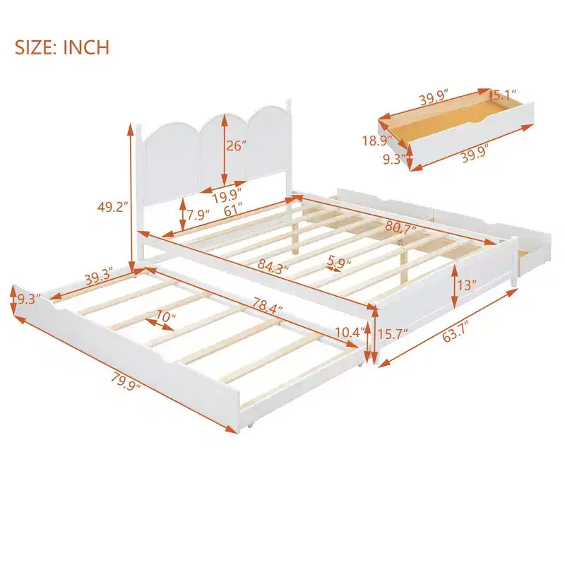 Lit queen size avec rangement et lit gigogne double XL, Lit plateforme queen size en bois avec 2 tiroirs de rangement