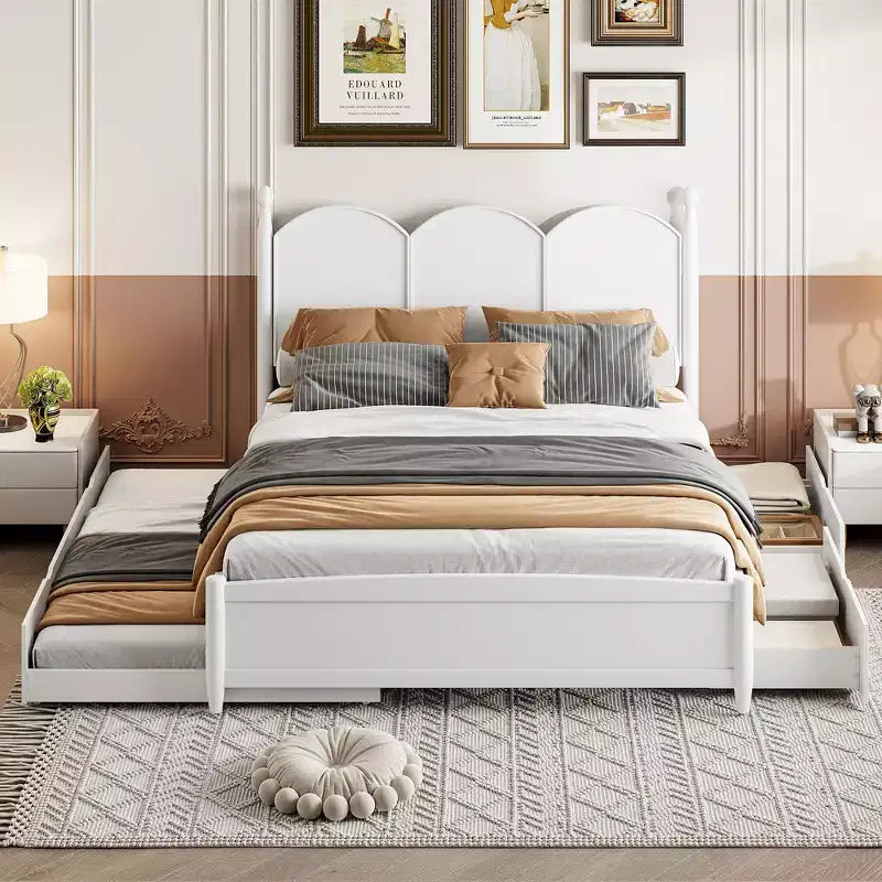 Lit queen size avec rangement et lit gigogne double XL, Lit plateforme queen size en bois avec 2 tiroirs de rangement