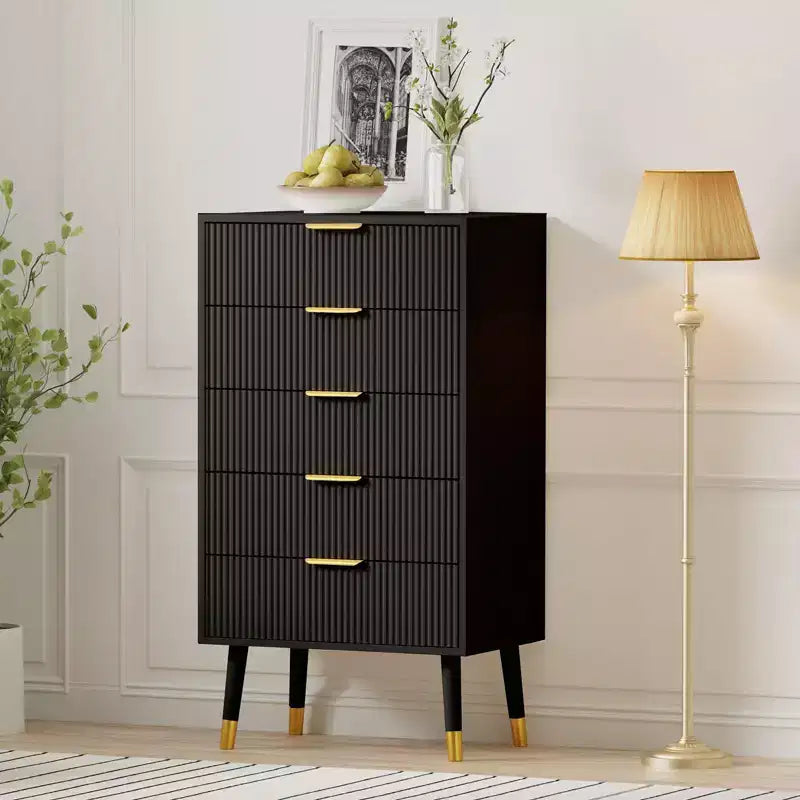 Bedroom five-drawer storage cabinet with metal handles and metal legs, suitable for bedroom, living room, corridor, entryway