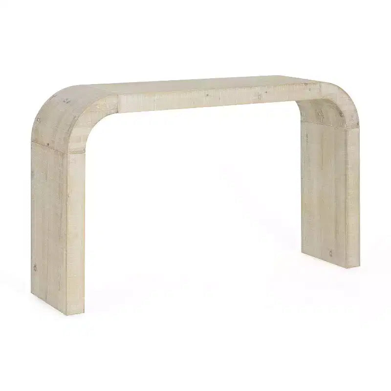 Table console minimaliste Okak avec coin arqué, table d'entrée avec plateau et pieds épais, table d'appoint pour entrée, salon