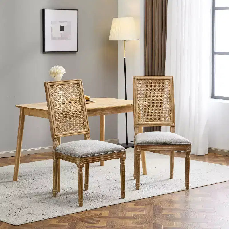 Chaises de salle à manger capitonnées Okak Vintage Style Campagne Française avec dossier en rotin, Lot de 2 chaises de cuisine rustiques patinées, Chaises de salon