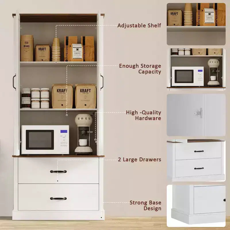Meuble de rangement de cuisine GustoWave avec portes coulissantes, tiroir et 2 étagères réglables, vaisselier haut autoportant avec support pour micro-ondes