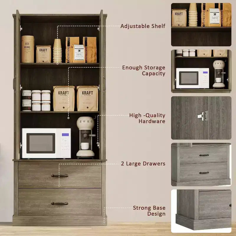 Meuble de rangement de cuisine GustoWave avec portes coulissantes, tiroir et 2 étagères réglables, vaisselier haut autoportant avec support pour micro-ondes
