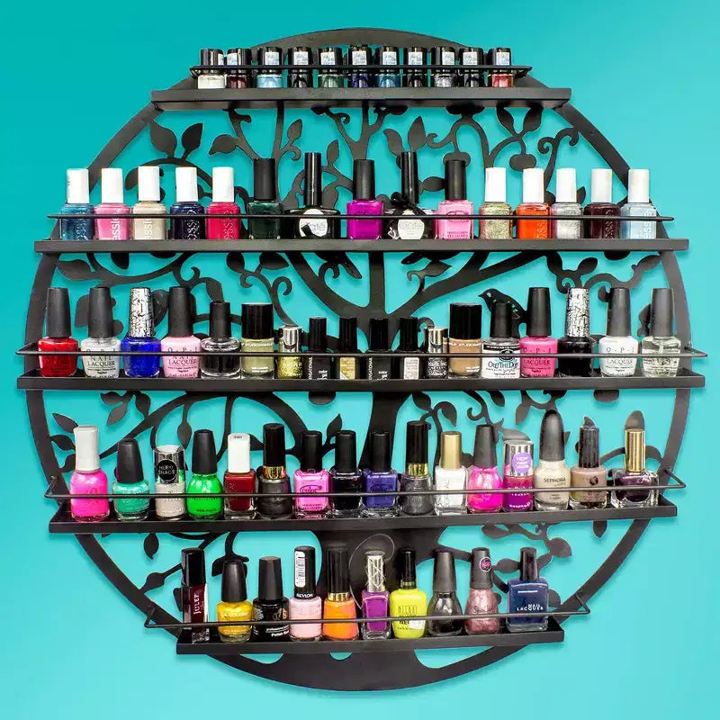 Présentoir mural 5 niveaux Sorbus pour vernis à ongles - Silhouette d'arbre ronde en métal pour salon