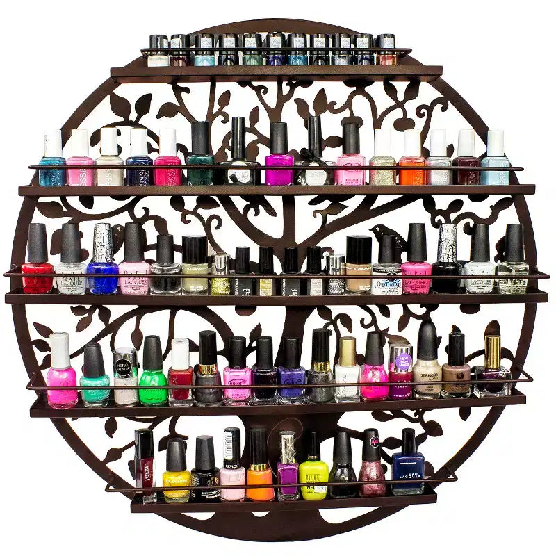Présentoir mural 5 niveaux Sorbus pour vernis à ongles - Silhouette d'arbre ronde en métal pour salon