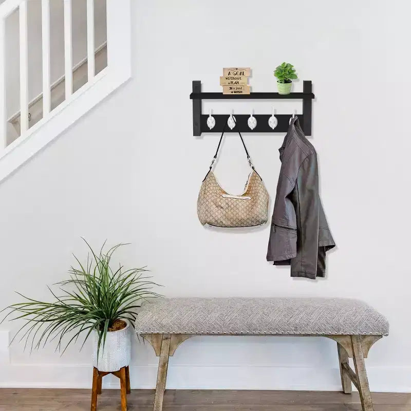 Étagère murale flottante Sorbus 40,6 cm avec 5 crochets robustes pour entrée, salle de bain, chambre, cuisine ou buanderie