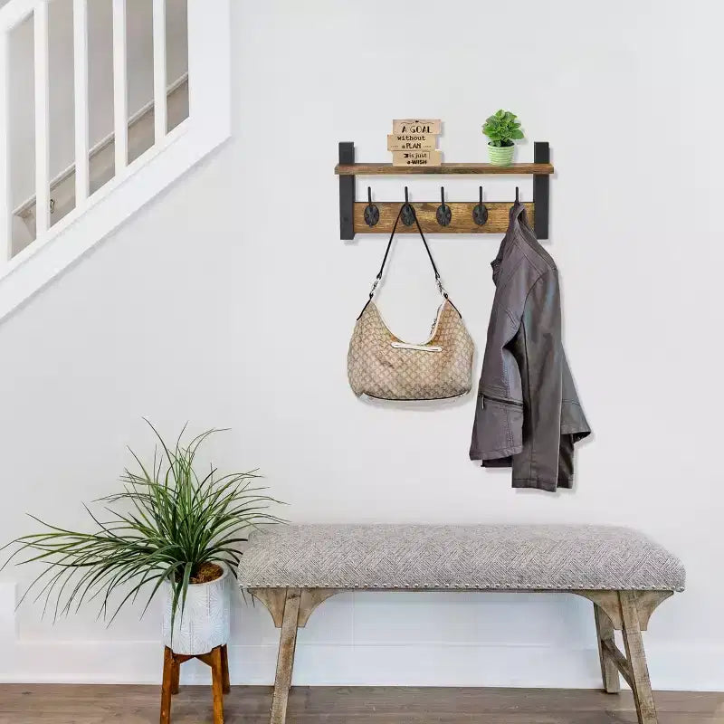Étagère murale flottante Sorbus 40,6 cm avec 5 crochets robustes pour entrée, salle de bain, chambre, cuisine ou buanderie