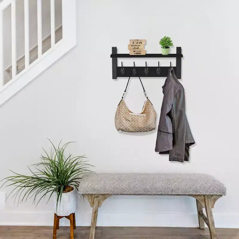 Étagère murale flottante Sorbus 40,6 cm avec 5 crochets robustes pour entrée, salle de bain, chambre, cuisine ou buanderie