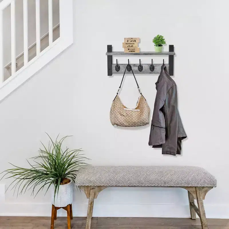 Étagère murale flottante Sorbus 40,6 cm avec 5 crochets robustes pour entrée, salle de bain, chambre, cuisine ou buanderie