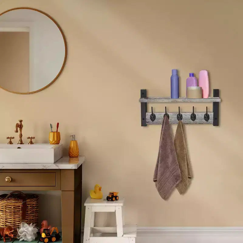 Étagère murale flottante Sorbus 40,6 cm avec 5 crochets robustes pour entrée, salle de bain, chambre, cuisine ou buanderie