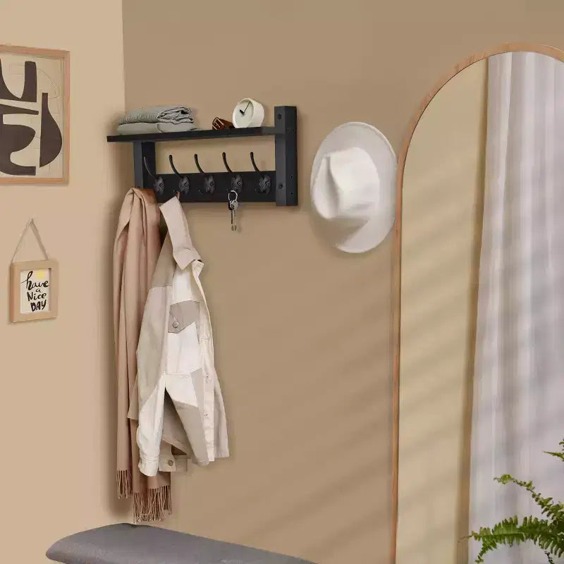 Étagère murale flottante Sorbus 40,6 cm avec 5 crochets robustes pour entrée, salle de bain, chambre, cuisine ou buanderie