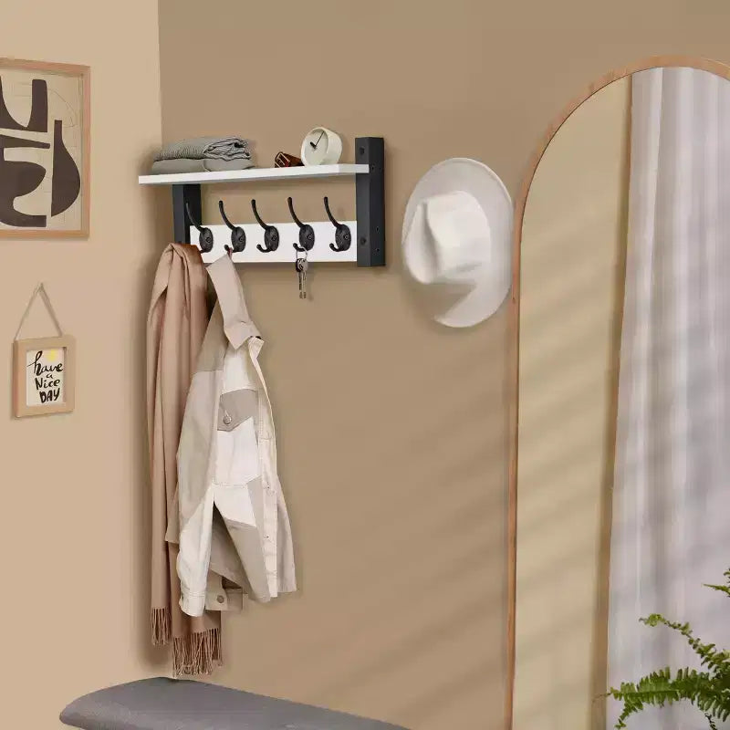 Étagère murale flottante Sorbus 40,6 cm avec 5 crochets robustes pour entrée, salle de bain, chambre, cuisine ou buanderie