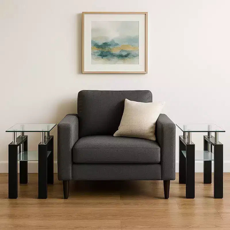 HomeRoots Ensemble de deux tables d'appoint carrées en verre clair et noir et métal avec étagère