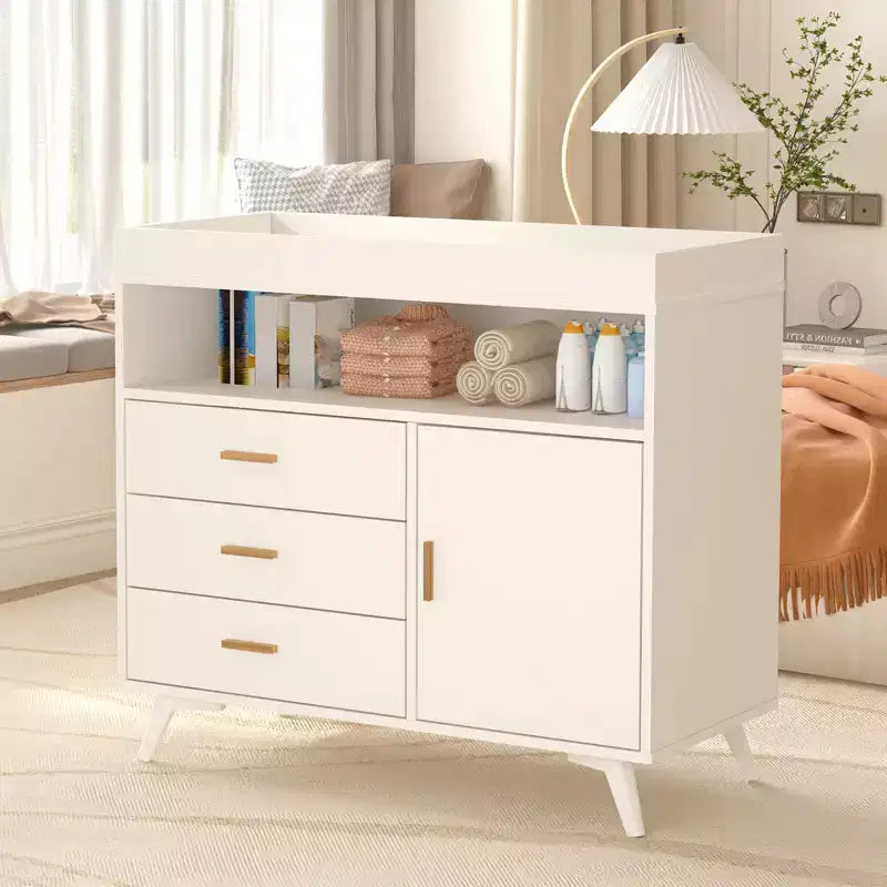 Commode à langer bébé C Blanche, Commode de chambre d'enfant à 3 tiroirs avec matelas à langer amovible pour nourrissons