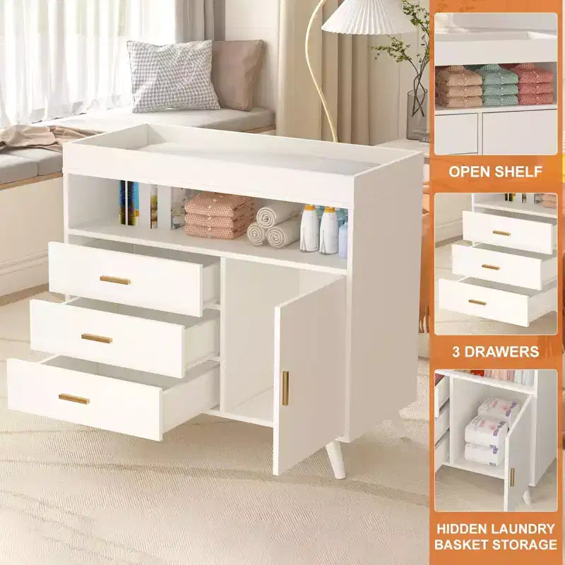 Commode à langer bébé C Blanche, Commode de chambre d'enfant à 3 tiroirs avec matelas à langer amovible pour nourrissons