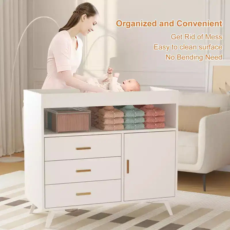 Commode à langer bébé C Blanche, Commode de chambre d'enfant à 3 tiroirs avec matelas à langer amovible pour nourrissons